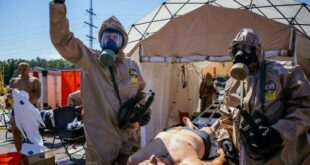 Ukrainian Emergency Ministry rescuers attend an exercise in the city of Zaporizhzhia on August 17, 2022, in case of a possible nuclear incident at the Zaporizhzhia nuclear power plant located near the city.