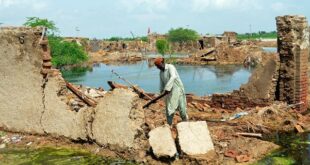 A man looks for salvageable belongings from his flood-hit home surrounded by water, in Jaffarabad, a district of Pakistan's southwestern Baluchistan province, Sunday, Aug. 28, 2022. Army troops are being deployed in Pakistan's flood affected area for urgent rescue and relief work as flash floods triggered after heavy monsoon rains across most part of the country lashed many districts in all four provinces. 