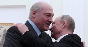 Russian President Vladimir Putin embraces his Belarusian counterpart, Alexander Lukashenko, during a meeting in Moscow, Russia Dec. 29, 2018. 