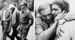 Chilean Army officers escort Uruguayan rugby player Fernando Parrado (center, left photo) following his arrival after he and fellow survivor hiked from the crash site in the snow covered Andes mountains.  At right, crash survivor Carlos Paez is joyfully reunited with his father after being flown by a rescue helicopter from the crash site.  (Photo by Bettmann Archive/Getty Images)