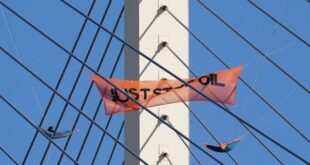 Just Stop Oil protesters continue their protest for a second day on the Queen Elizabeth II Bridge, which links Kent and Essex. The bridge remains closed for traffic, after it was scaled by two climbers from the group. Picture date: Tuesday October 18, 2022.