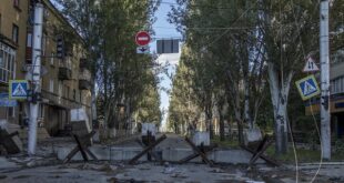 Anti-tank hedgehogs block the streets in downtown Bakhmut as fighting between Ukrainian forces and Russian troops intensifies for control of the city in Bakhmut, Ukraine on Oct. 4, 2022. 