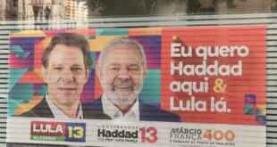 Campaign poster for presidential candidate Lula da Silva in Sao Paulo, Brazil.