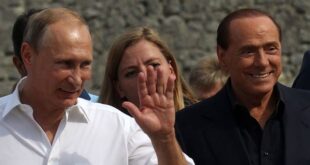 Russian President Vladimir Putin and former Italian Prime Minister Silvio Berlusconi are seen during joint visit to Chersonesus museum in Sevastopol, Crimea, Sept. 12, 2015.