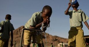 Millions of people across the Horn of Africa are facing severe hunger as the worst drought in 40 years devastates the region. Pictured: Kids drink from a tap in Loiyangalani, northern Kenya, on July 13, 2022. 