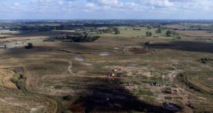 Firefighters work in the field near the Druzhba pipeline where an oil leak was detected, near the village of Zurawice, Poland, October 12, 2022. (REUTERS/Kacper Pempel)