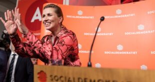 Denmark's Prime Minister and head of the the Social Democratic Party Mette Frederiksen speaks during the country's general election night at the party in Copenhagen, Denmark, Tuesday, Nov. 1, 2022.